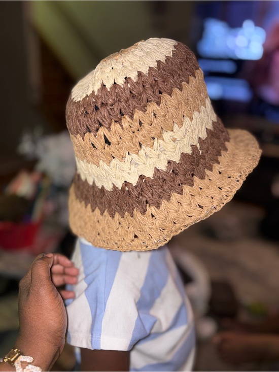 Accessories - Striped Crochet Bucket Hat - Brown, Tan & Cream